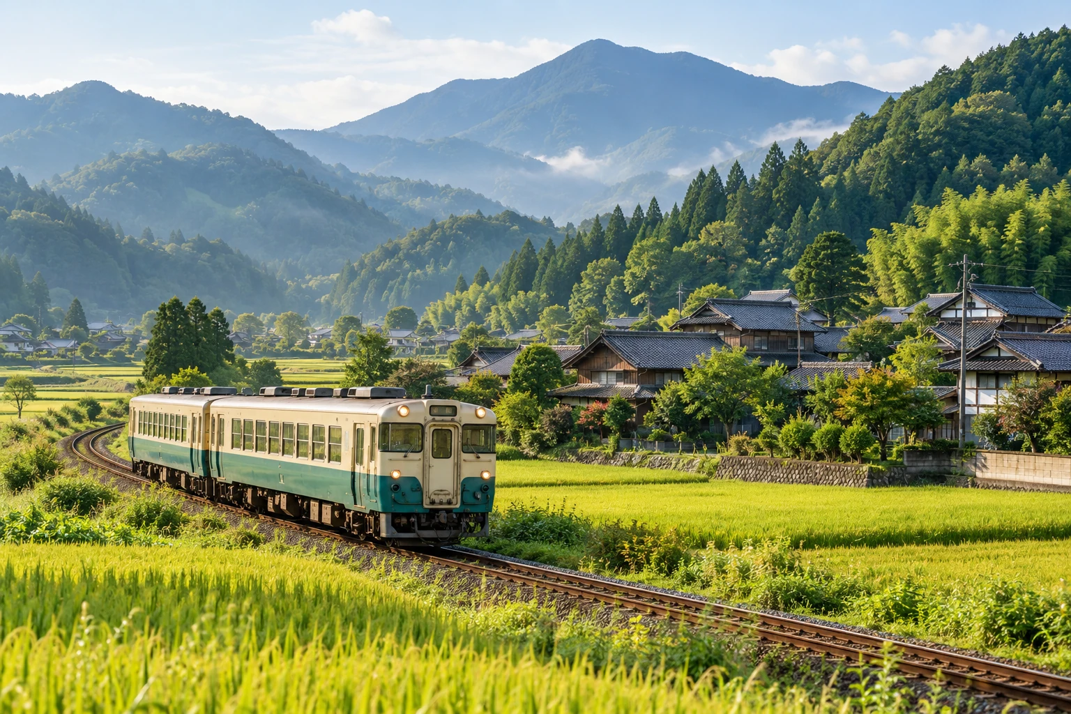日本の田園風景と伝統的な家並みを走るローカル列車